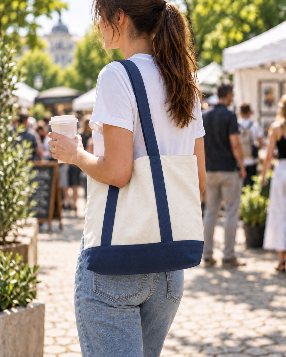 Natural canvas shoulder tote at an outdoor event