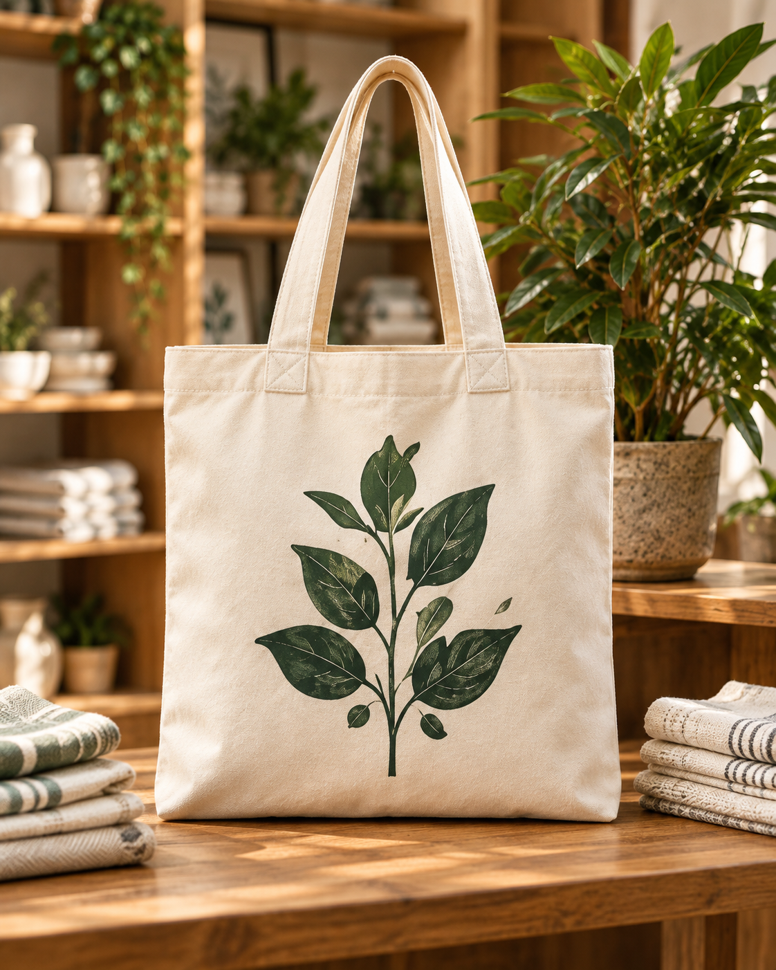 Leaf-print canvas tote in a retail boutique