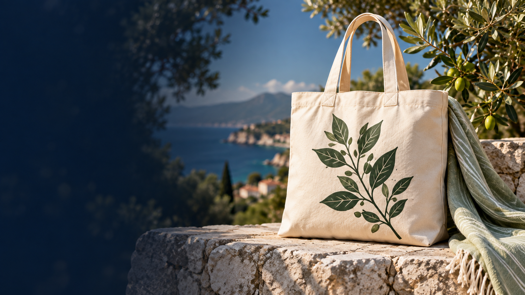 Canvas tote bag overlooking the coast