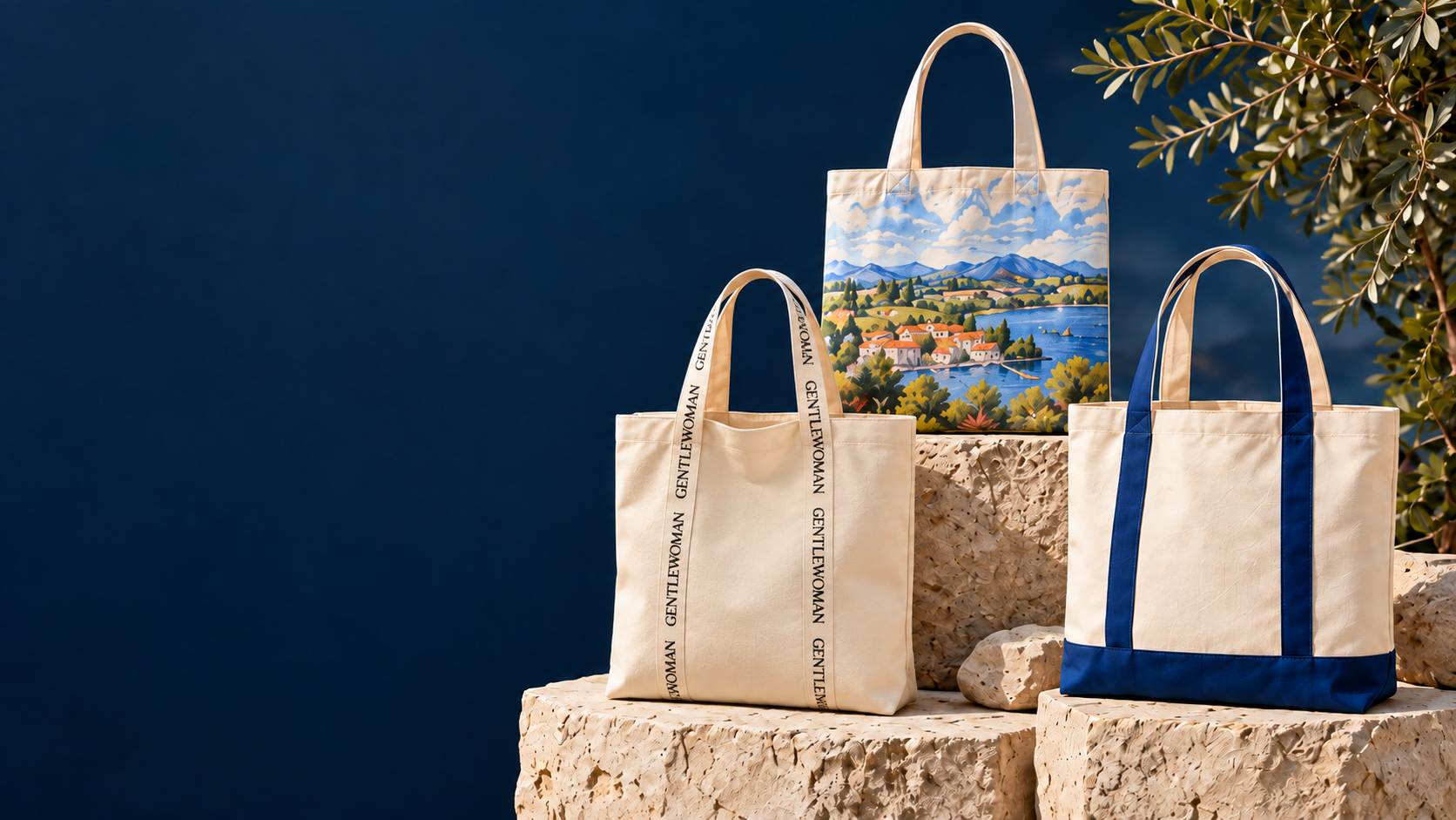 Three custom canvas tote bags on stone plinths