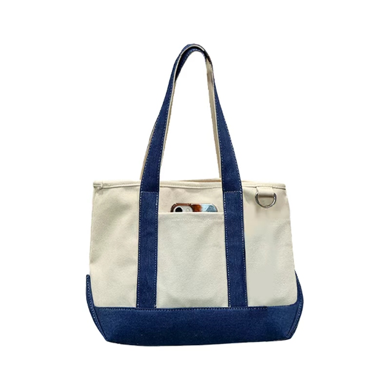 Natural cotton canvas tote bag with navy handles for European retail brands