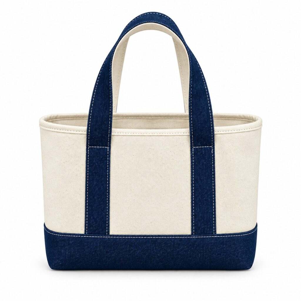 Two-tone tote bag with a cream front panel and navy handles and base