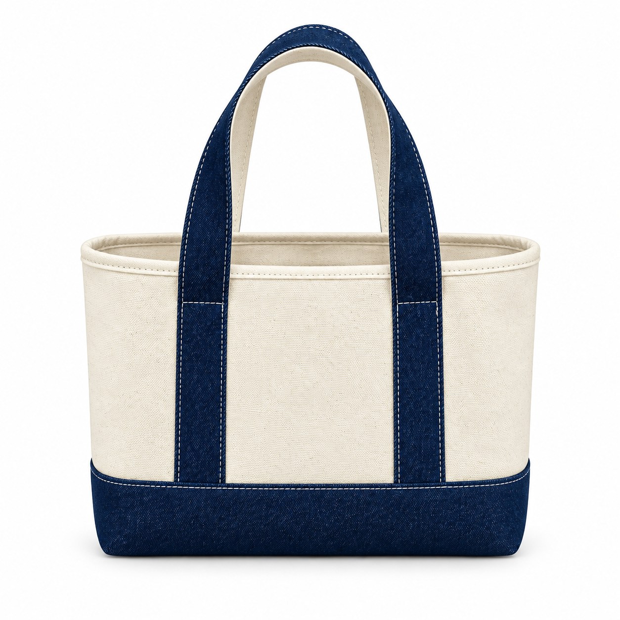 Two-tone tote bag with a cream front panel and navy handles and base
